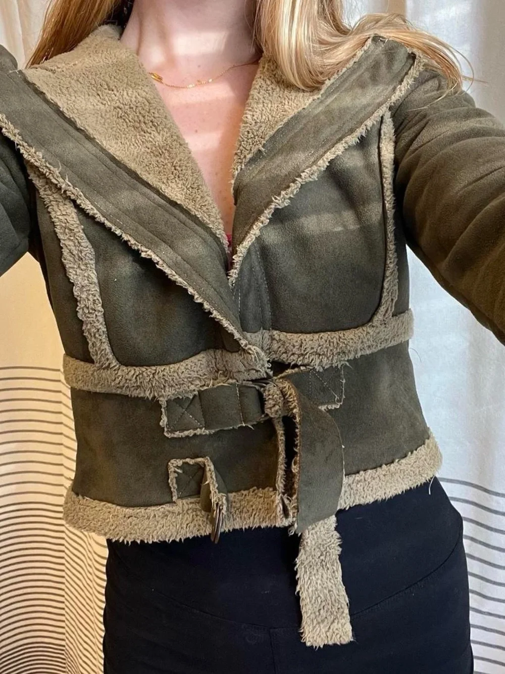 Olive Shearling-Trim Women's Teddy Jacket